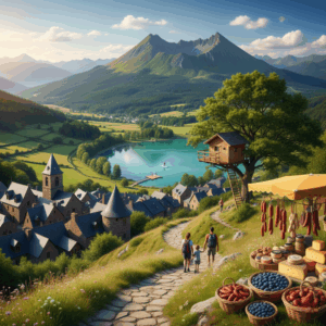 Vue panoramique du Cantal avec lac, village médiéval, cabane dans les arbres et marché de produits locaux, idéal pour des vacances en Auvergne.